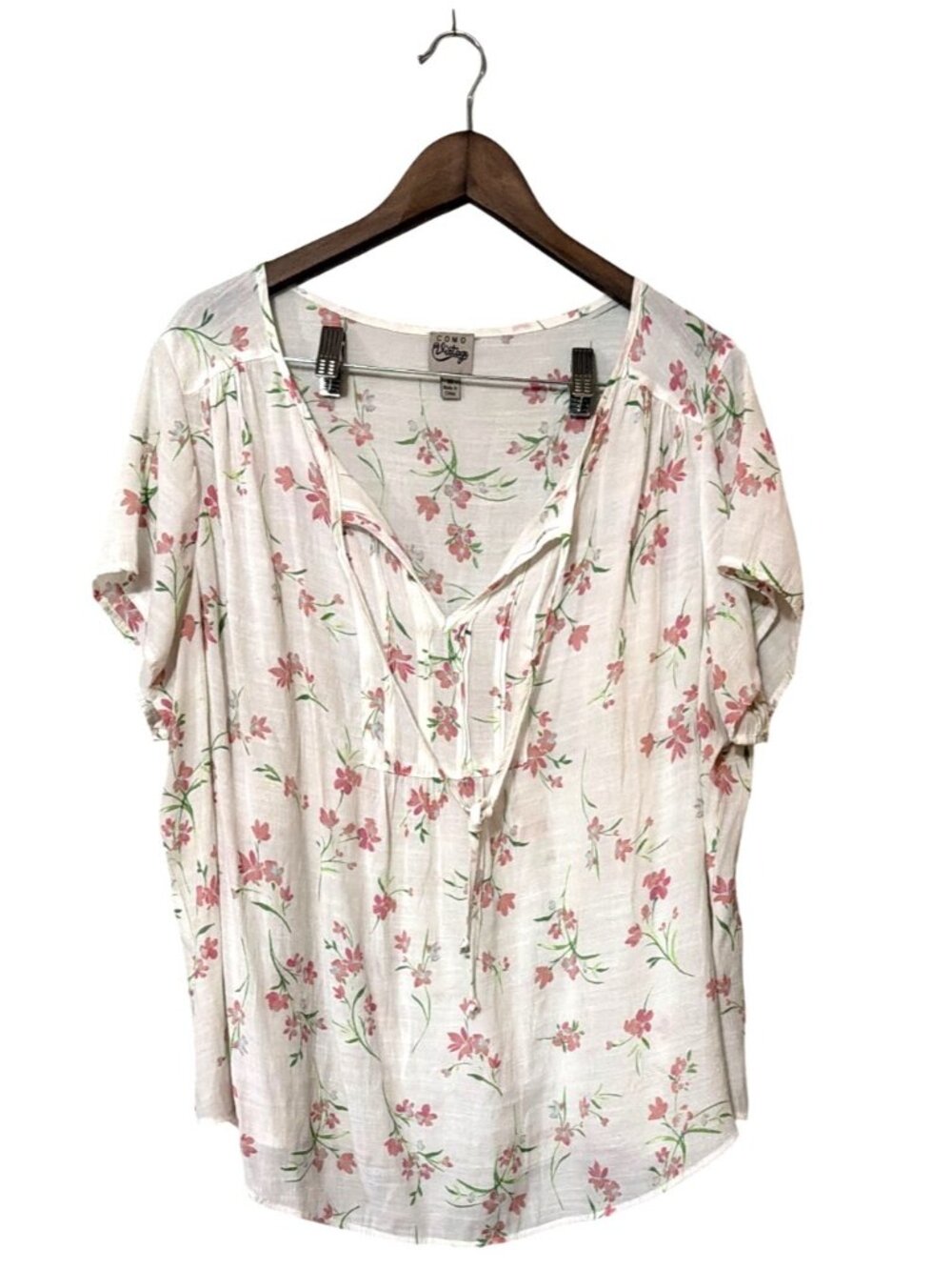 Como Vintage Floral Print White Blouse With Tie Neck & Short Sleeves 3X Womens T